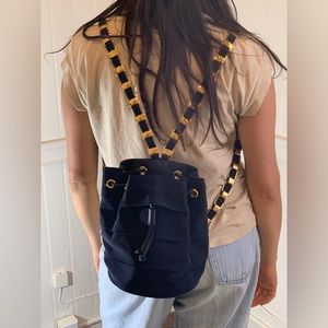 Ferragamo 90s Vintage Gold and Navy Mini Backpack Style Handbag